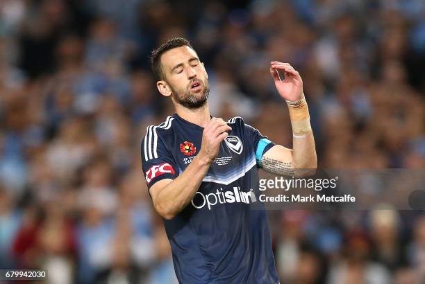 Carl Valeri of the Victory reacts after missing a penalty during the 2017 A-League Grand Final match between Sydney FC and the Melbourne Victory at...