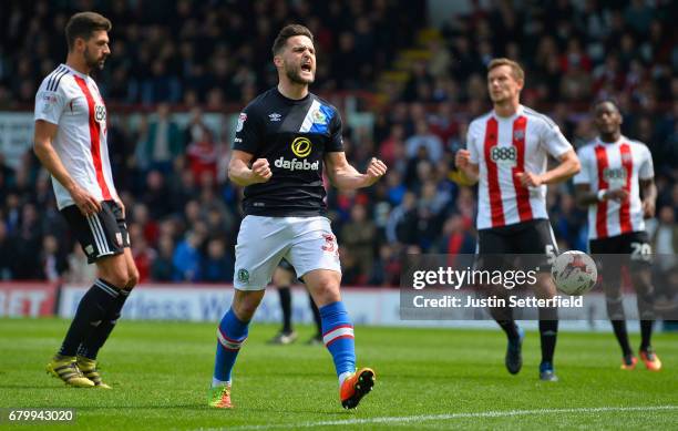 Craig Conway of Blackburn Rovers celebrates scoring his sides third goal during the Sky Bet Championship match between Brentford and Blackburn Rovers...