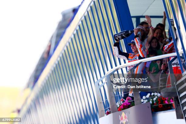 Dani Pedrosa of Spain and the Repsol Honda Team celebrates on the podium after winning the MotoGP of Spain at Circuito de Jerez on May 7, 2017 in...