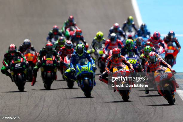 Dani Pedrosa of Spain and the Repsol Honda Team leads the field ahead of Marc Marquez of Spain and the Repsol Honda Team during the MotoGP of Spain...