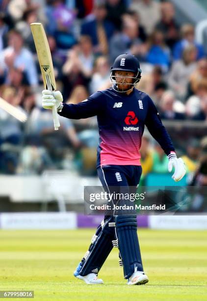 Jonny Bairstow of England celebrates his 50 during the Royal London ODI match between England and Ireland at Lord's Cricket Ground on May 7, 2017 in...