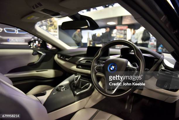 The interior of a BMW i8 on display at the London Motor Show at Battersea Evolution on May 4, 2017 in London, England. 41 dealerships and...