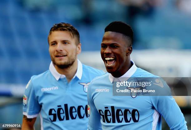 Keita Balde with his teammate Ciro Immobile of SS Lazio celebrates after scoring the opening goal during the Serie A match between SS Lazio and UC...