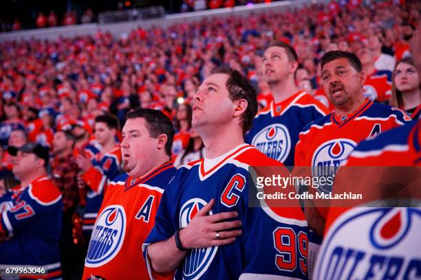 Oilers fans get pumped up as the Edmonton Oilers take on the Anaheim Ducks in Game Four of the Western Conference Second Round during the 2017 NHL...