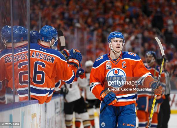 Connor McDavid of the Edmonton Oilers celebrates a goal against the Anaheim Ducks in Game Four of the Western Conference Second Round during the 2017...