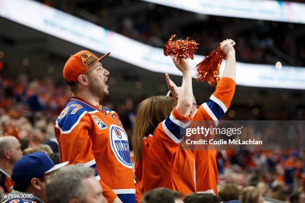 Oilers fans get pumped up as the Edmonton Oilers take on the Anaheim Ducks in Game Four of the Western Conference Second Round during the 2017 NHL...