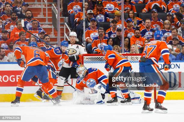 Goalie Cam Talbot of the Edmonton Oilers makes a save against the Anaheim Ducks in Game Four of the Western Conference Second Round during the 2017...