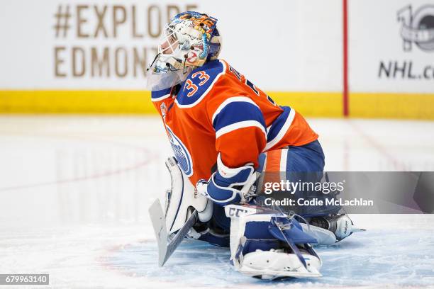 Goalie Cam Talbot of the Edmonton Oilers prepares for the third period against the Anaheim Ducks in Game Four of the Western Conference Second Round...