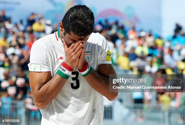 Hassan Abdollahi of Iran reacts after lost to Tahiti after the FIFA Beach Soccer World Cup Bahamas 2017 semi final match between Iran and Tahiti at...