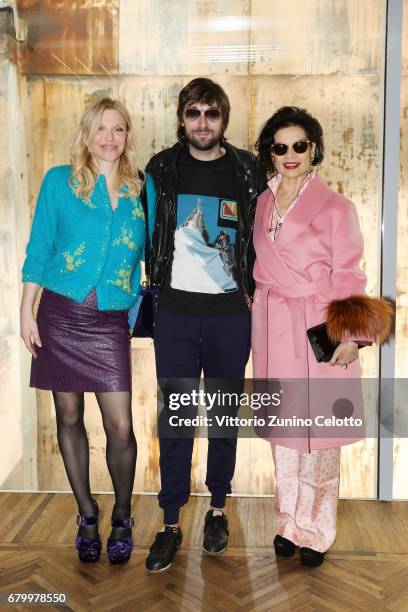 Courtney Love, Francesco Vezzoli and Bianca Jagger while attending the Prada Resort 2018 Womenswear Show in Osservatorio on May 7, 2017 in Milan,...