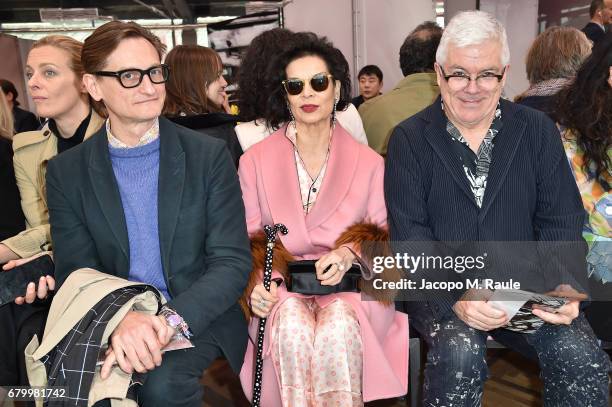 Hamish Bowles, Bianca Jagger and Tim Blanks while attending the Prada Resort 2018 Womenswear Show in Osservatorio on May 7, 2017 in Milan, Italy.