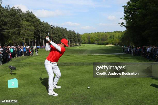 Thorbjorn Olesen of Denmark tees off on the 2nd hole during the final match between Denmark and Australia during day two of GolfSixes at The...