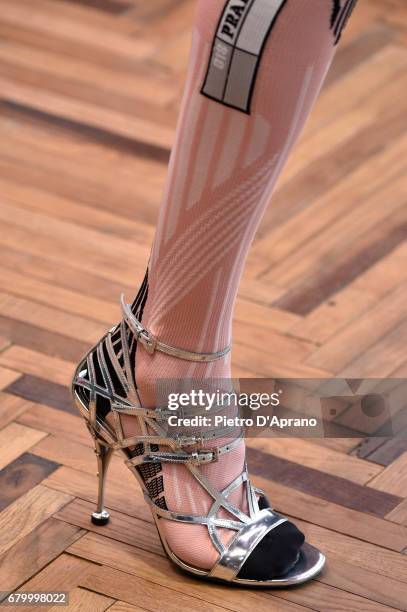 Model, shoe detail, walks the runway at the Prada Resort Collection 2018 show at Osservatorio Prada on May 7, 2017 in Milan, Italy.