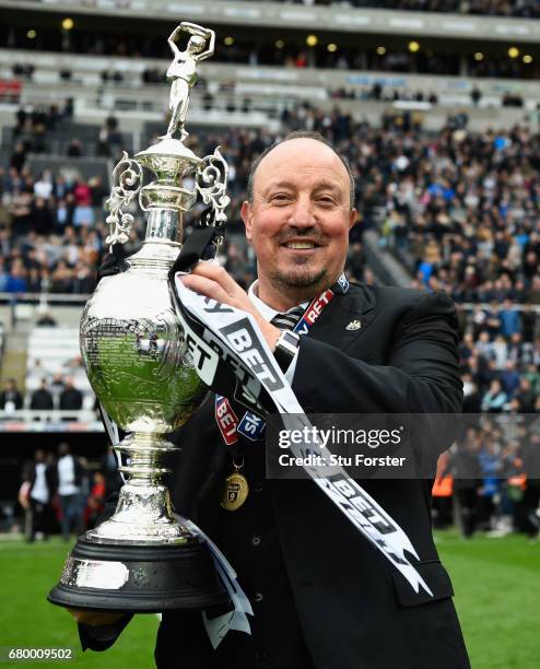 Newcastle United manmager Rafa Benitez celebrates after winning the Sky Bet Championship title after the match between Newcastle United and Barnsley...