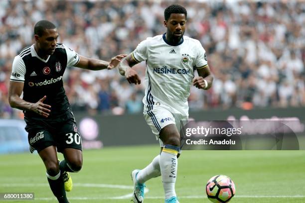 Marcelo of Besiktas in action against Jermain Lens of Fenerbahce during Turkish Spor Toto Super Lig soccer match between Besiktas and Fenerbahce at...