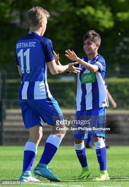 Luca Netz and Mustafa Abdullatif of Hertha BSC U14 celebrate the goal during the game of the 3rd place during the Nike Premier Cup 2017 on may 7,...