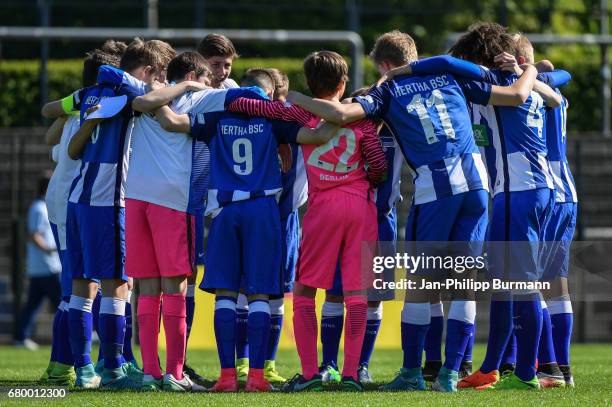 Team circle of Hertha BSC U14 during the game of the 3rd place during the Nike Premier Cup 2017 on may 7, 2017 in Berlin, Germany.