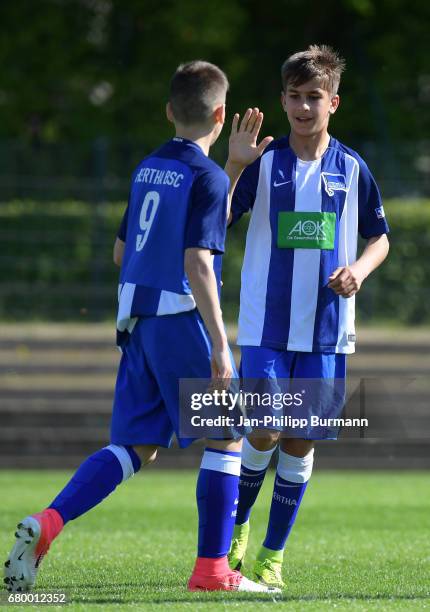 Nemanja Motika and Mustafa Abdullatif of Hertha BSC U14 celebrate the goal during the game of the 3rd place during the Nike Premier Cup 2017 on may...