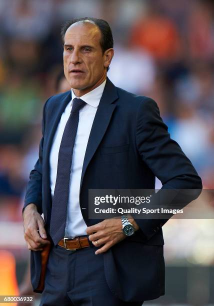 Valencia CF manager Salvador Gonzalez Voro reacts during the La Liga match between Valencia CF and CA Osasuna at Mestalla Stadium on May 7, 2017 in...