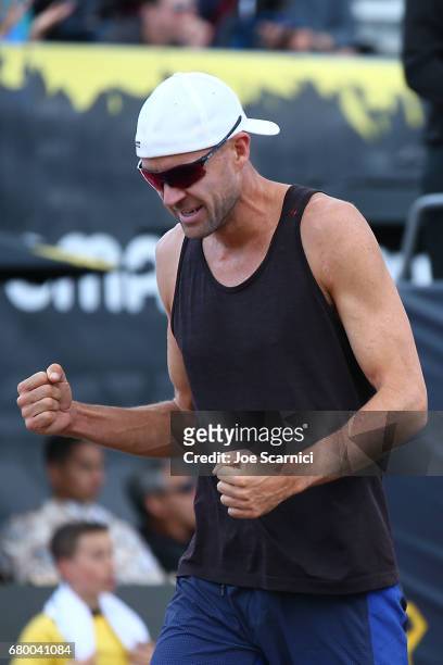 Jake Gibb reacts to a point during the semi final match against Ryan Doherty and John Hyden at AVP Huntington Beach Open at the Huntington Beach Pier...