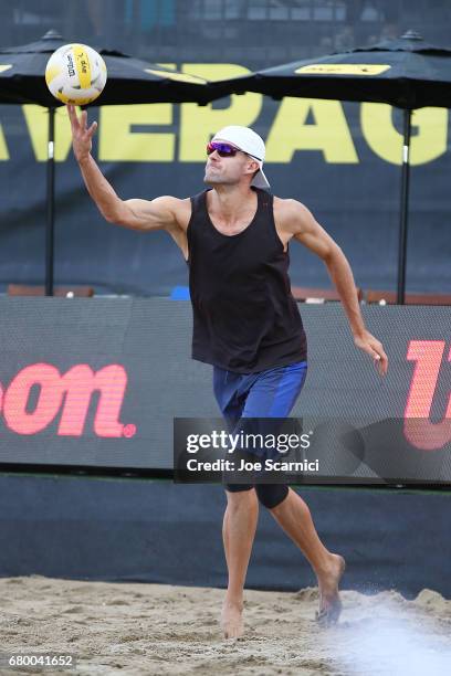 Jake Gibb serves the ball during the semi final match against John Hyden and Ryan Doherty at AVP Huntington Beach Open at the Huntington Beach Pier...