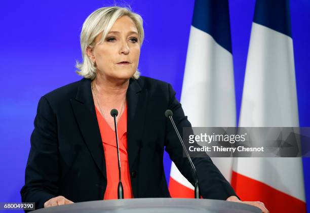 French presidential election candidate for the far-right Front National party, Marine Le Pen makes a statement after being defeated in the second...