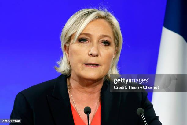 French presidential election candidate for the far-right Front National party, Marine Le Pen makes a statement after being defeated in the second...