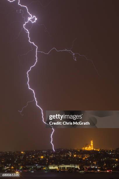 Fatih Mosque is seen as lightning strikes over the Istanbul skyline during a thunderstorm on May 7, 2017 in Istanbul, Turkey.