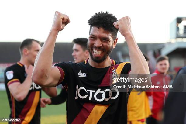 Nathaniel Knight-Percival of Bradford City celebrates winning the Sky Bet League One Playoff Semi Final: First Leg match between Fleetwood Town and...