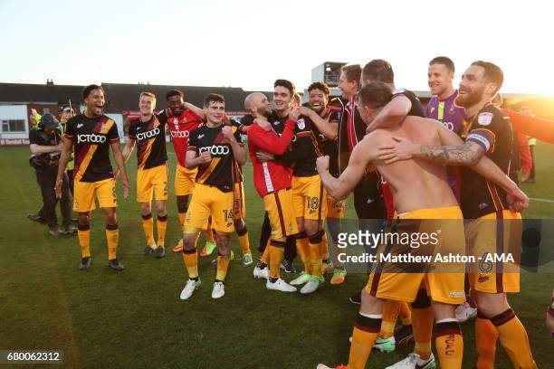 Bradford City players celebrate victory in the Sky Bet League One Playoff Semi Final: First Leg match between Fleetwood Town and Bradford City at...