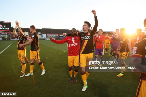 Bradford City players celebrate victory in the Sky Bet League One Playoff Semi Final: First Leg match between Fleetwood Town and Bradford City at...