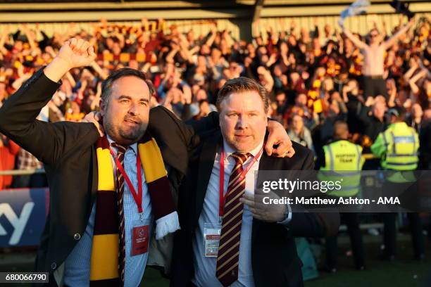 Bradford City co-owners and joint-chairmen Edin Rahic Stefan Rupp celebrate victory in the Sky Bet League One Playoff Semi Final: First Leg match...