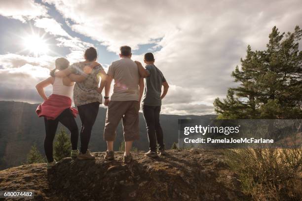 mixed-ethnic hiking family enjoying view from mountain summit in wilderness - teenager awe stock pictures, royalty-free photos & images