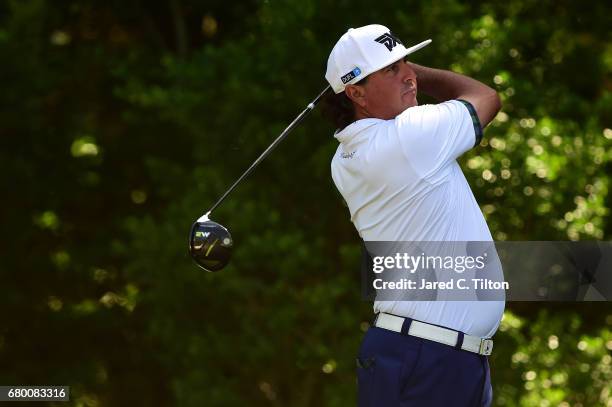 Pat Perez plays his shot from the 11th tee during the final round of the Wells Fargo Championship at Eagle Point Golf Club on May 7, 2017 in...