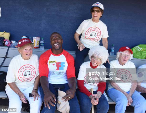 Terry Crews poses with original members of the All American Girls Professional Baseball League Dolly Konwinski, Suzanne Zipay, Maybelle Blair and...