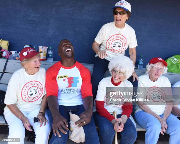 Terry Crews poses with original members of the All American Girls Professional Baseball League Dolly Konwinski, Suzanne Zipay, Maybelle Blair and...