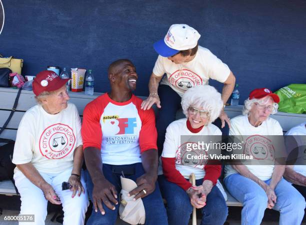 Terry Crews poses with original members of the All American Girls Professional Baseball League Dolly Konwinski, Suzanne Zipay, Maybelle Blair and...