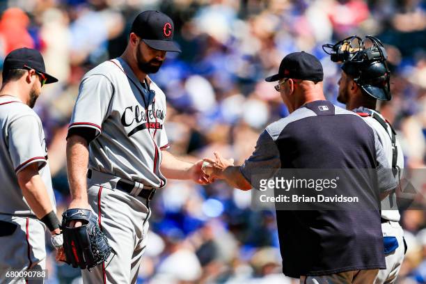 Boone Logan of the Cleveland Indians is taken out of the game against Kansas City Royals at Kauffman Stadium on May 7, 2017 in Kansas City, Missouri.