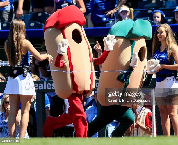 Photo finish of a hotdog race between innings of the Kansas City Royals and the Cleveland Indians at Kauffman Stadium on May 7, 2017 in Kansas City,...