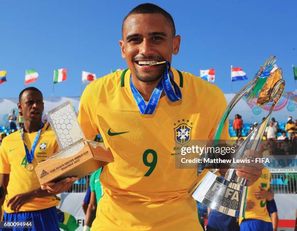 Rodrigo of Brazil celebrates with the FIFA Beach Soccer World Cup, after beating Tahiti during the FIFA Beach Soccer World Cup Bahamas 2017 final...