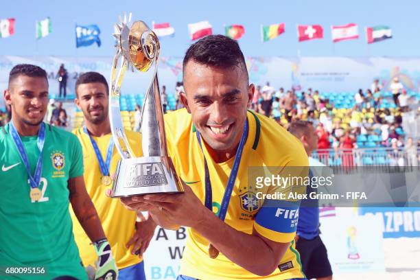 Bruno Xavier of Brazil poses with the trophy after his team won the FIFA Beach Soccer World Cup Bahamas 2017 final between Tahiti and Brazil at...