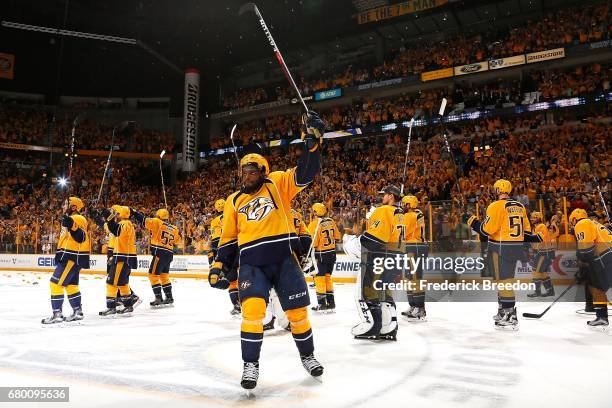 Subban of the Nashville Predators raises his stick to thanks the fans after a 3-1 Predator victory over the St. Louis Blues in Game Six of the...