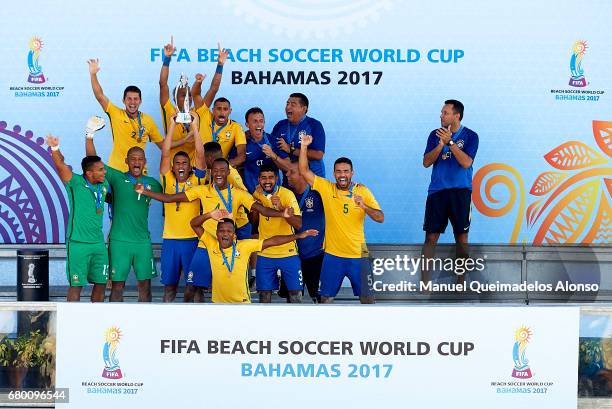 Team captain Bruno Xavier and team mates of Brazil celebrate with the trophy after winning the FIFA Beach Soccer World Cup Bahamas 2017 final match...