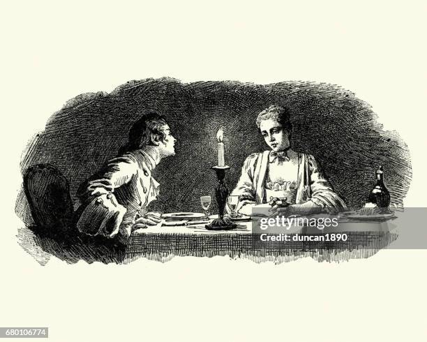 manon lescaut - young couple having a candlelit dinner - candlelight dinner stock illustrations