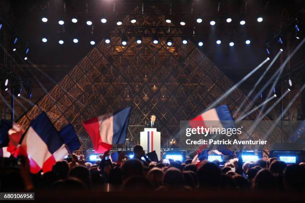 Leader of 'En Marche !' Emmanuel Macron speaks after winning the French Presidential Election, at The Louvre on May 7, 2017 in Paris, France.Pro-EU...