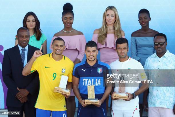 Rodrigo of Brazil , Gabriele Gori of Italy and Mohammad Ahmadzadeh of Iran pose with their individual awards after the FIFA Beach Soccer World Cup...