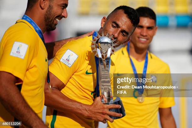 Captain, Bruno Xavier of Brazil leads the celebration after victory in the FIFA Beach Soccer World Cup Bahamas 2017 final between Tahiti and Brazil...