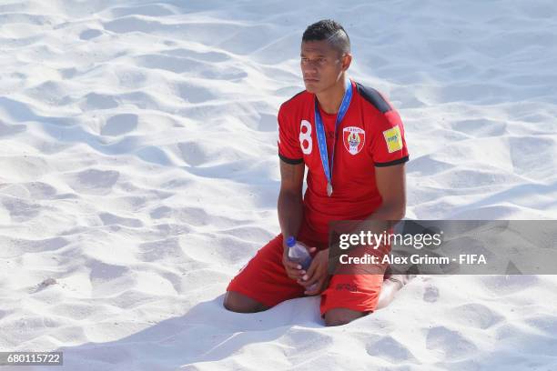 Heiarii Tavanae of Tahiti reacts during the FIFA Beach Soccer World Cup Bahamas 2017 final between Tahiti and Brazil at National Beach Soccer Arena...