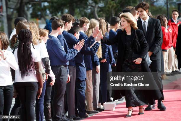 Caroline Kennedy walks the red carpet with her son Jack Schlossberg as they arrive for the annual John F. Kennedy Profile in Courage Award at the the...