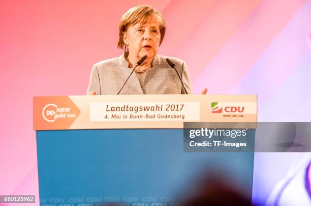 German Chancellor and Chairwoman of the German Christian Democrats Angela Merkel speaks during the CDU campaign rally for state elections in North...